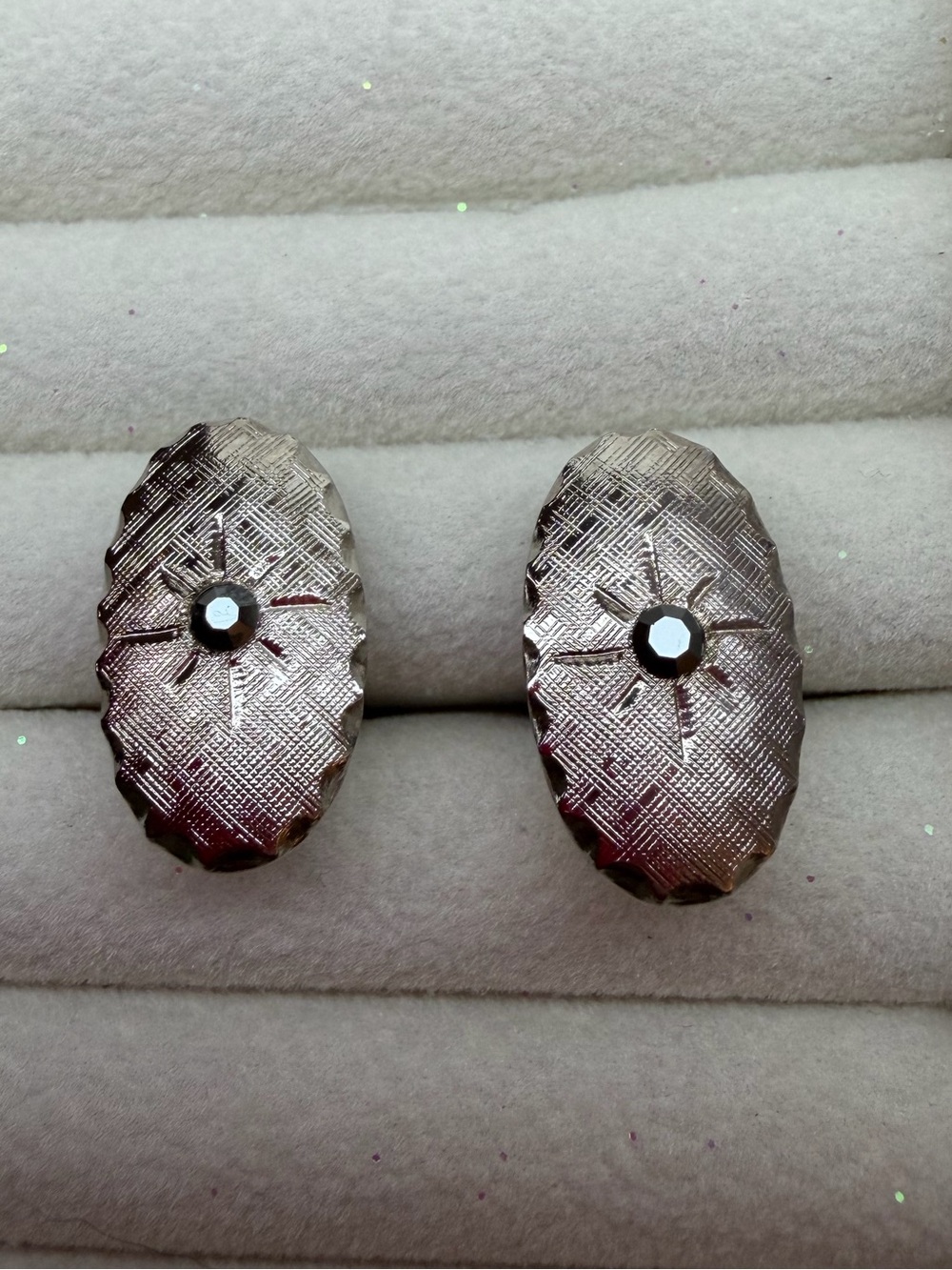Silver-Tone Textured Oval Cuff links with Black Center Stone